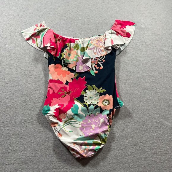 Trina Turk Swimsuit Womens 6 Blue Pink Off The Shoulder Royal Botanical Print - Picture 6 of 16